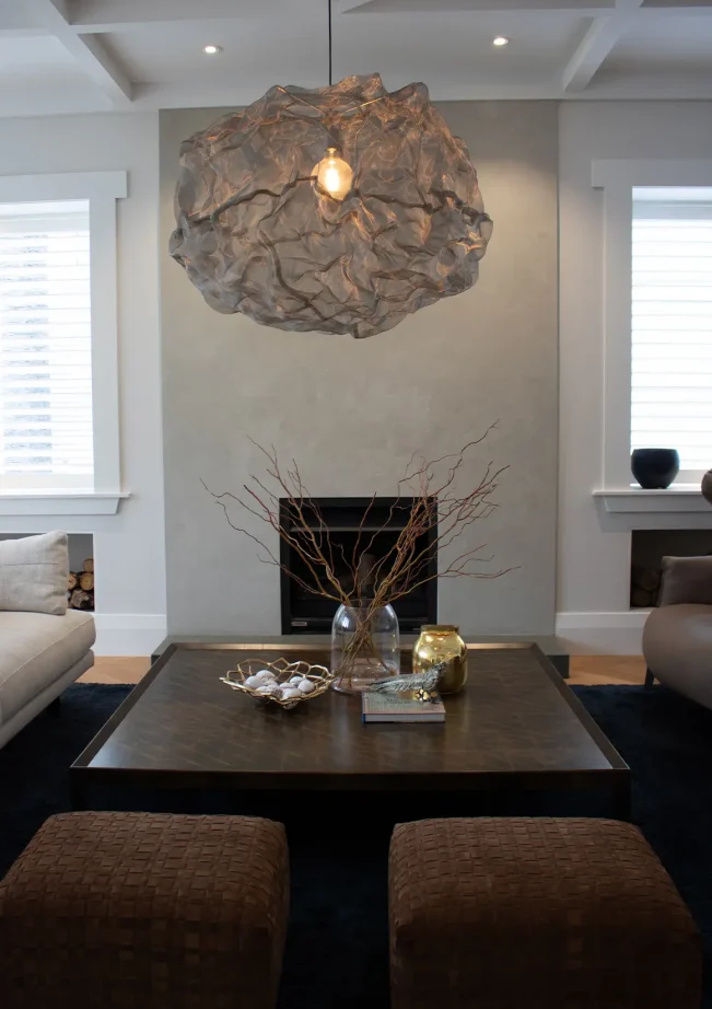 Lounge setup with central coffee table and curated ornaments