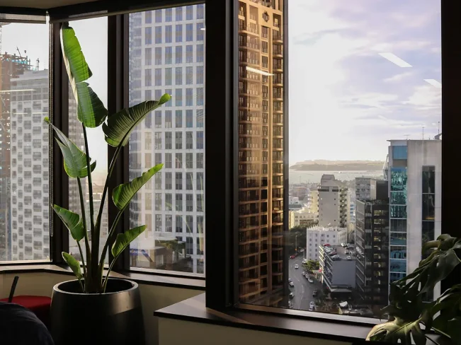 City skyline view from Mafic Partners office interior